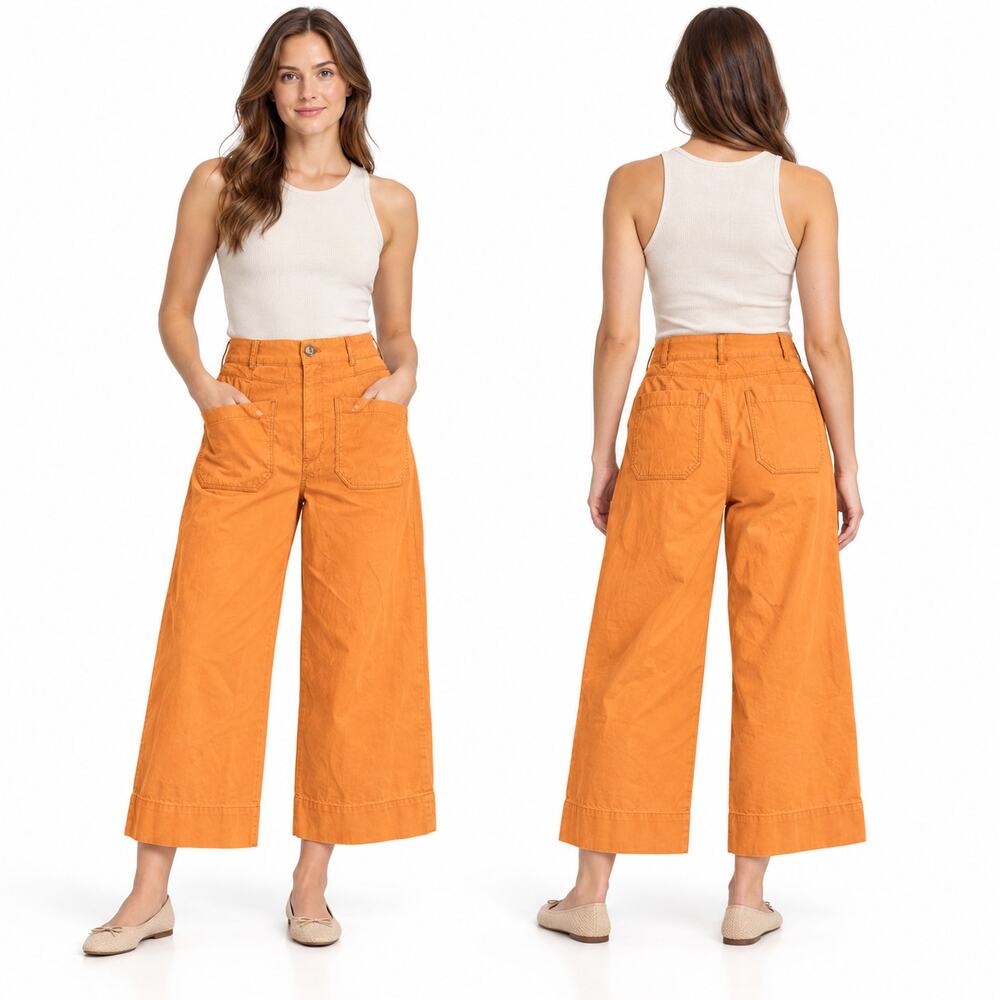 Maeve Anthropologie The Colette Pants 32T Orange Linen Blend Wide Leg Crop